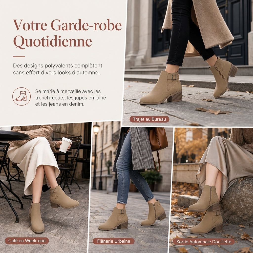 Bottines Martin en daim pour femmes avec boucle inclinée, talon moyen épais et fermeture à glissière latérale