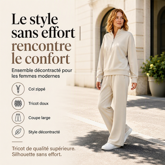 Ensemble sweatshirt à demi-zip et pantalon large pour femme
