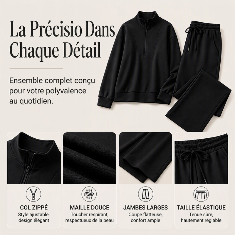 Ensemble sweatshirt à demi-zip et pantalon large pour femme