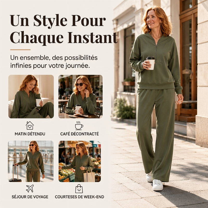 Ensemble sweatshirt à demi-zip et pantalon large pour femme