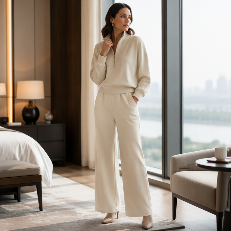 Ensemble sweatshirt à demi-zip et pantalon large pour femme