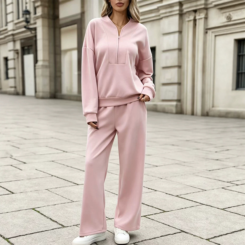 Ensemble sweatshirt à demi-zip et pantalon large pour femme