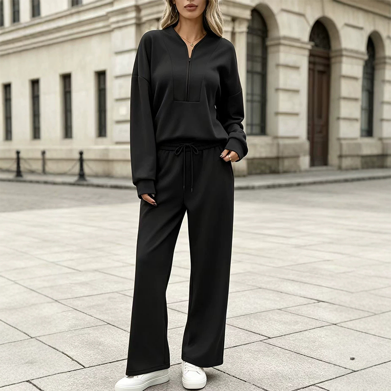 Ensemble sweatshirt à demi-zip et pantalon large pour femme