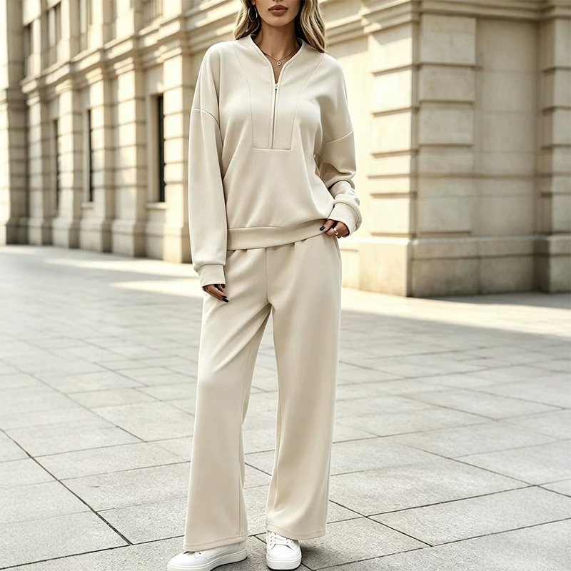 Ensemble sweatshirt à demi-zip et pantalon large pour femme