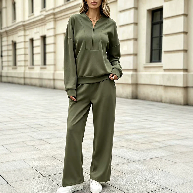 Ensemble sweatshirt à demi-zip et pantalon large pour femme