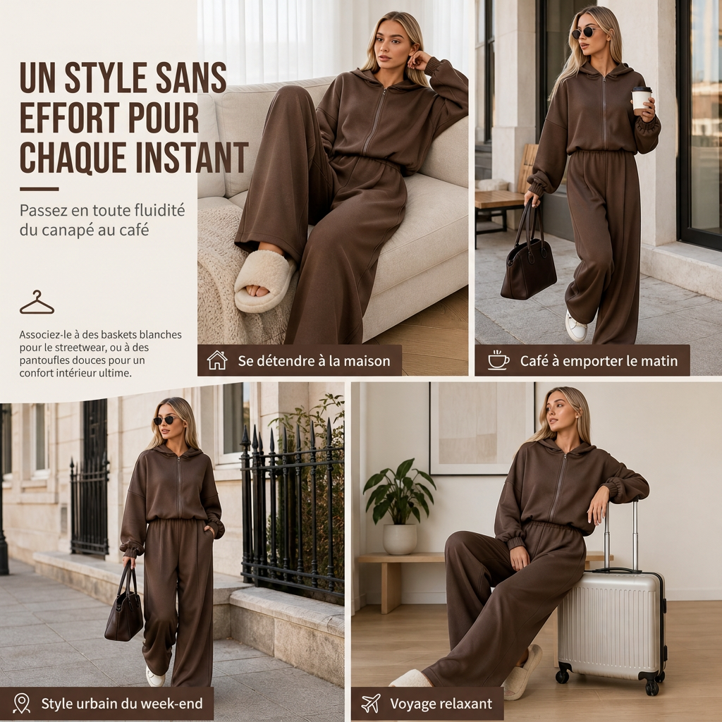 Ensemble de détente décontracté pour femme en maille douce deux pièces avec sweat à capuche zippé et pantalon large