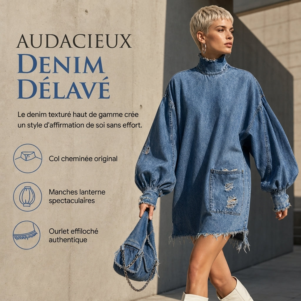 Robe mini en jean oversize à col montant pour femme
