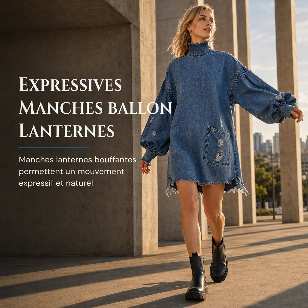 Robe mini en jean oversize à col montant pour femme