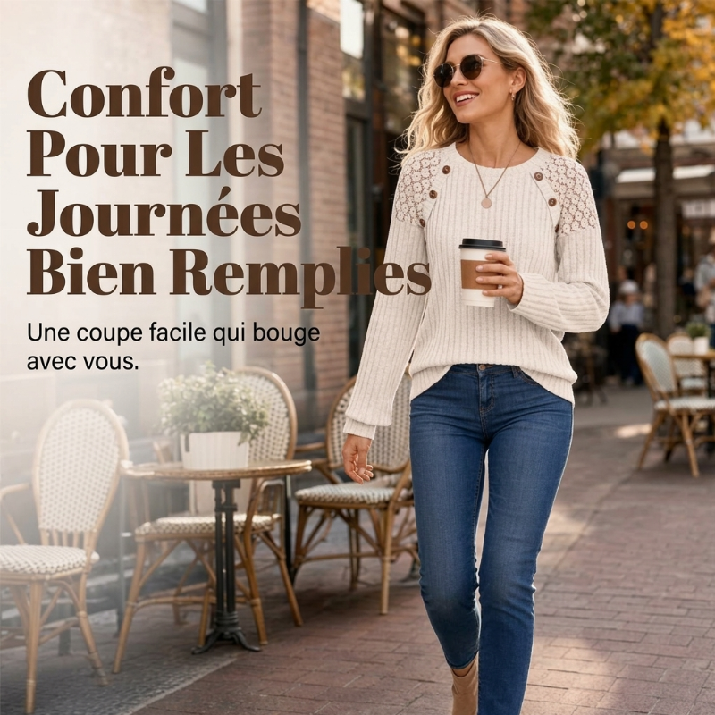 Haut décontracté pour femme en maille côtelée à manches longues