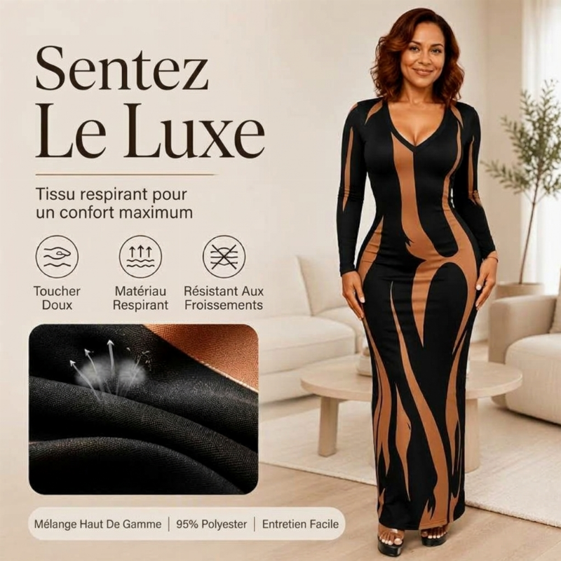 Robe longue moulante à manches longues imprimée pour femme