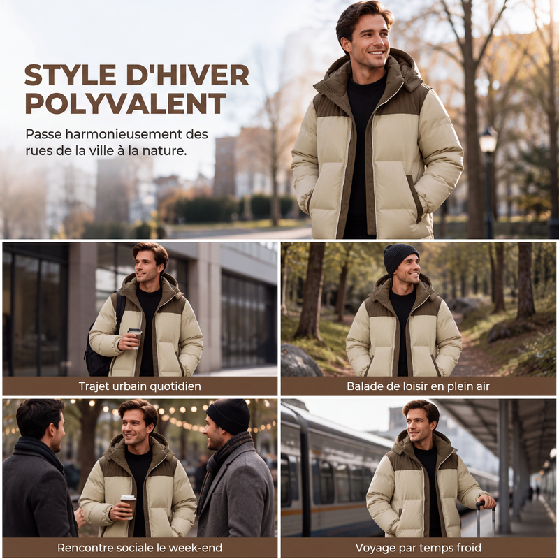 Doudoune à capuche color-block pour homme, hiver
