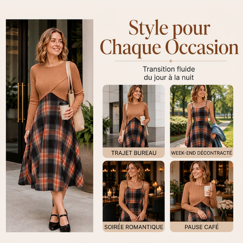 Ensemble élégant pour femme : robe à carreaux et top court