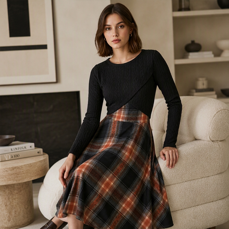 Ensemble élégant pour femme : robe à carreaux et top court