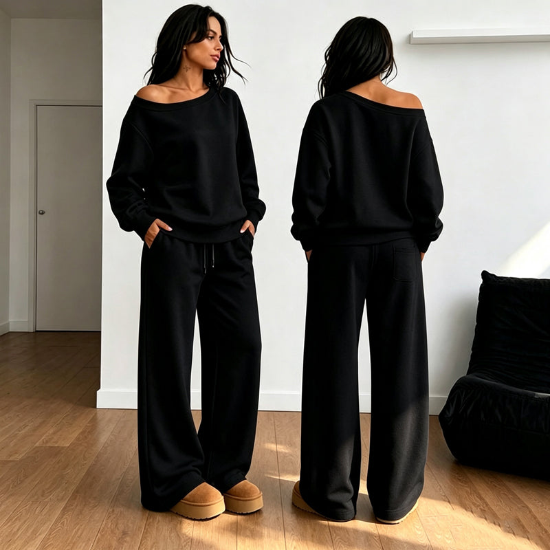 Ensemble décontracté pour femme : haut à épaules dénudées et pantalon à jambes larges