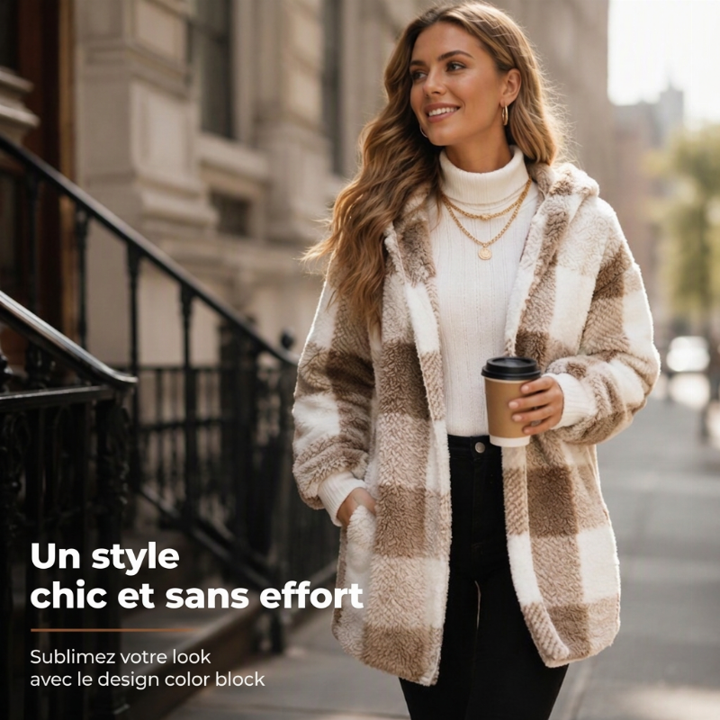 Cardigan à capuche oversize à carreaux et blocs de couleurs pour femme