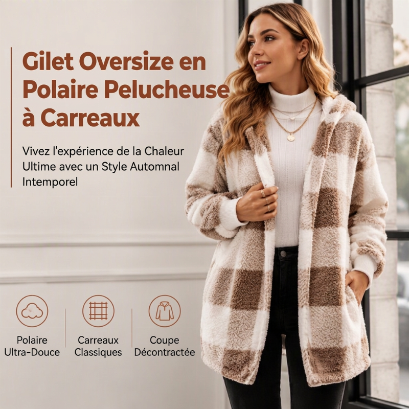 Cardigan à capuche oversize à carreaux et blocs de couleurs pour femme