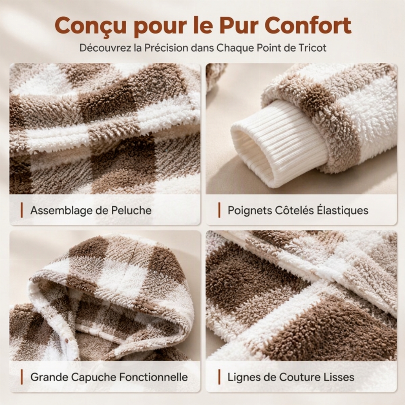 Cardigan à capuche oversize à carreaux et blocs de couleurs pour femme