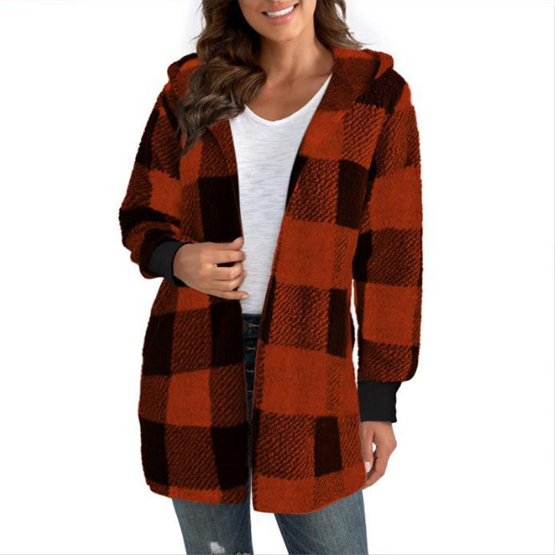 Cardigan à capuche oversize à carreaux et blocs de couleurs pour femme