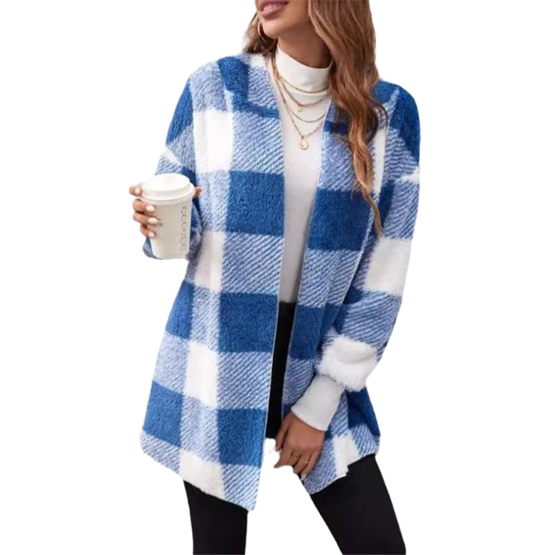 Cardigan à capuche oversize à carreaux et blocs de couleurs pour femme