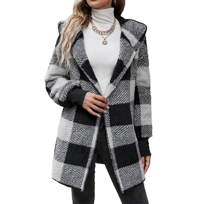 Cardigan à capuche oversize à carreaux et blocs de couleurs pour femme