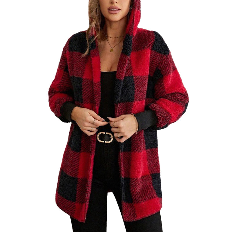 Cardigan à capuche oversize à carreaux et blocs de couleurs pour femme