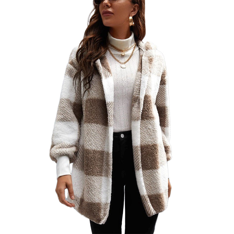 Cardigan à capuche oversize à carreaux et blocs de couleurs pour femme