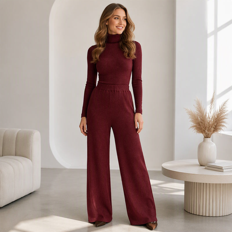 Ensemble pour femme : haut en maille à col roulé et pantalon large
