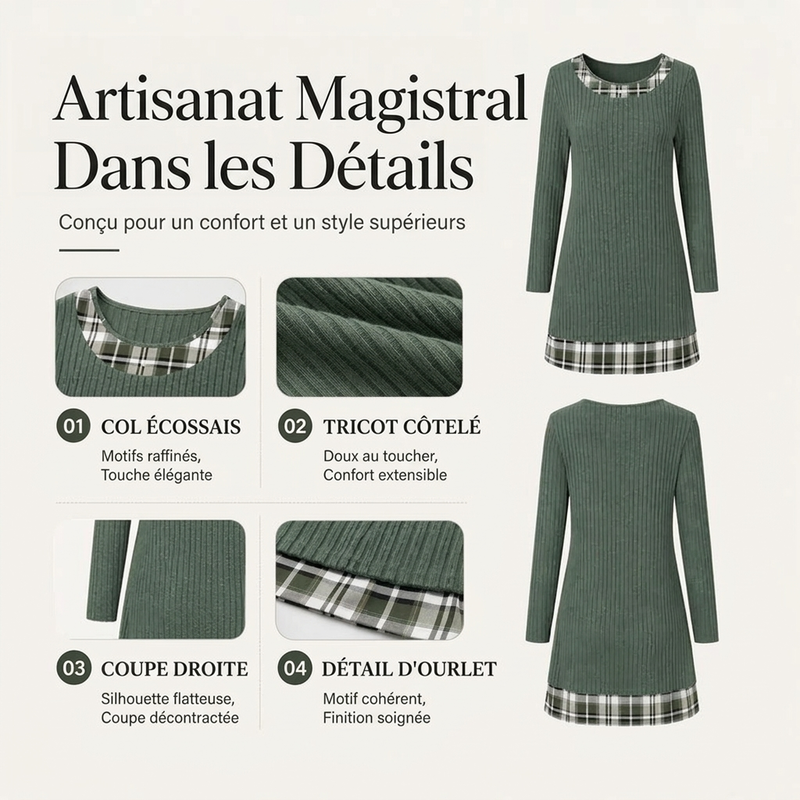 Robe en maille décontractée à patchwork à carreaux pour femme