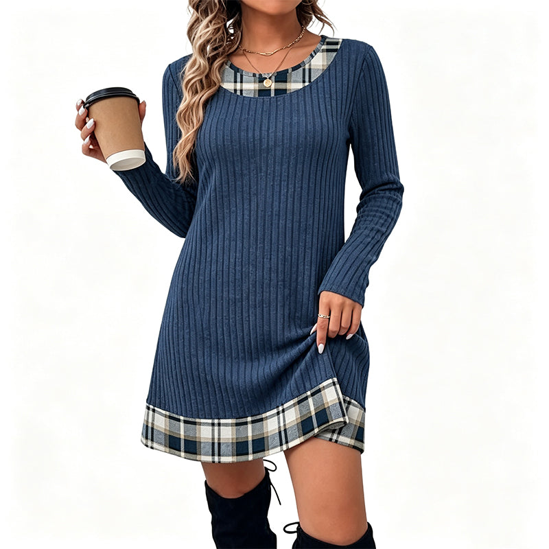 Robe en maille décontractée à patchwork à carreaux pour femme