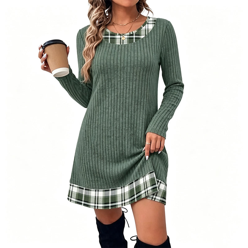Robe en maille décontractée à patchwork à carreaux pour femme