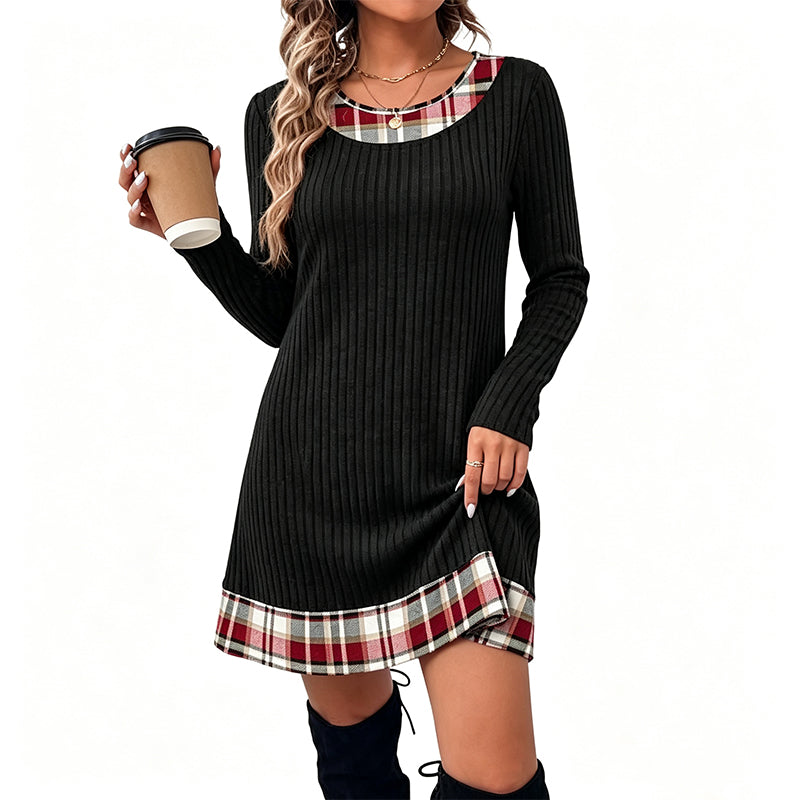 Robe en maille décontractée à patchwork à carreaux pour femme