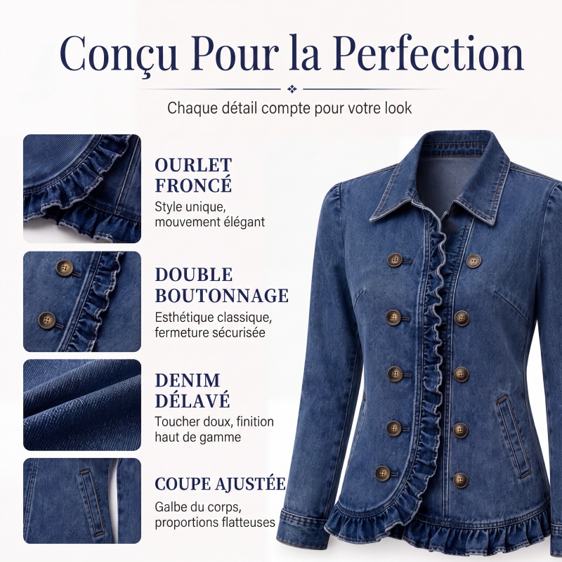 Veste en jean à volants et double boutonnage pour femme