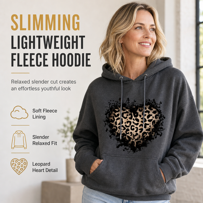 Women's Casual Fleece Hoodie with Leopard Heart Graphic and Kangaroo Pocket