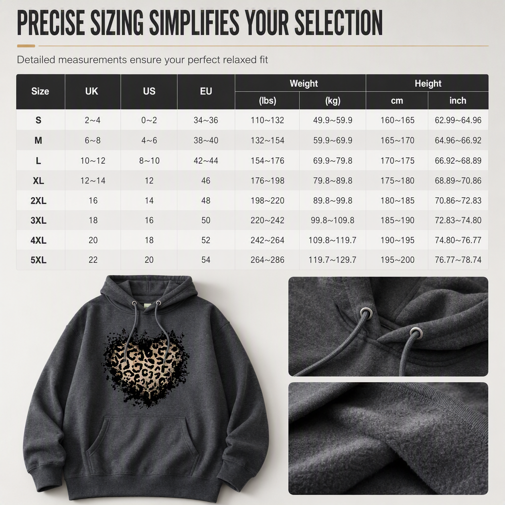 Women's Casual Fleece Hoodie with Leopard Heart Graphic and Kangaroo Pocket