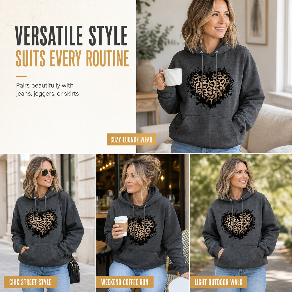 Women's Casual Fleece Hoodie with Leopard Heart Graphic and Kangaroo Pocket