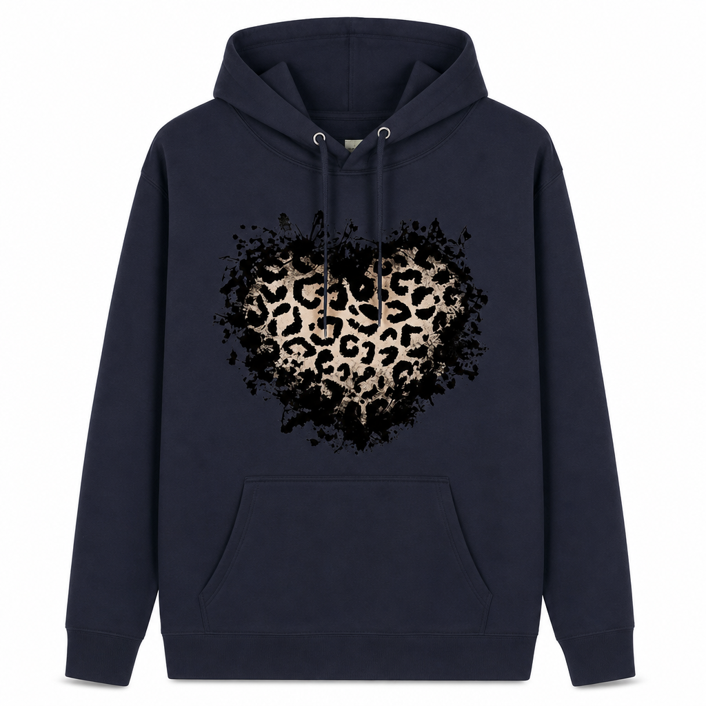Women's Casual Fleece Hoodie with Leopard Heart Graphic and Kangaroo Pocket