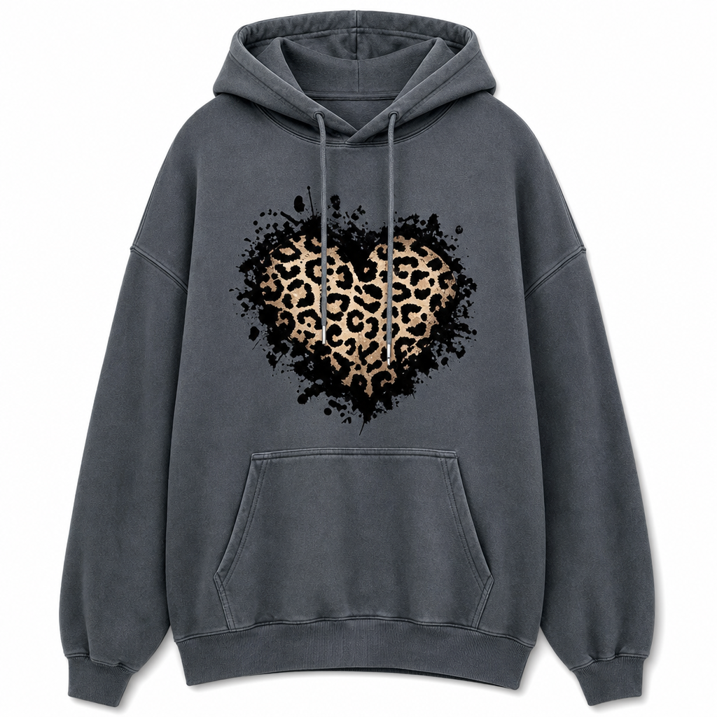 Women's Casual Fleece Hoodie with Leopard Heart Graphic and Kangaroo Pocket
