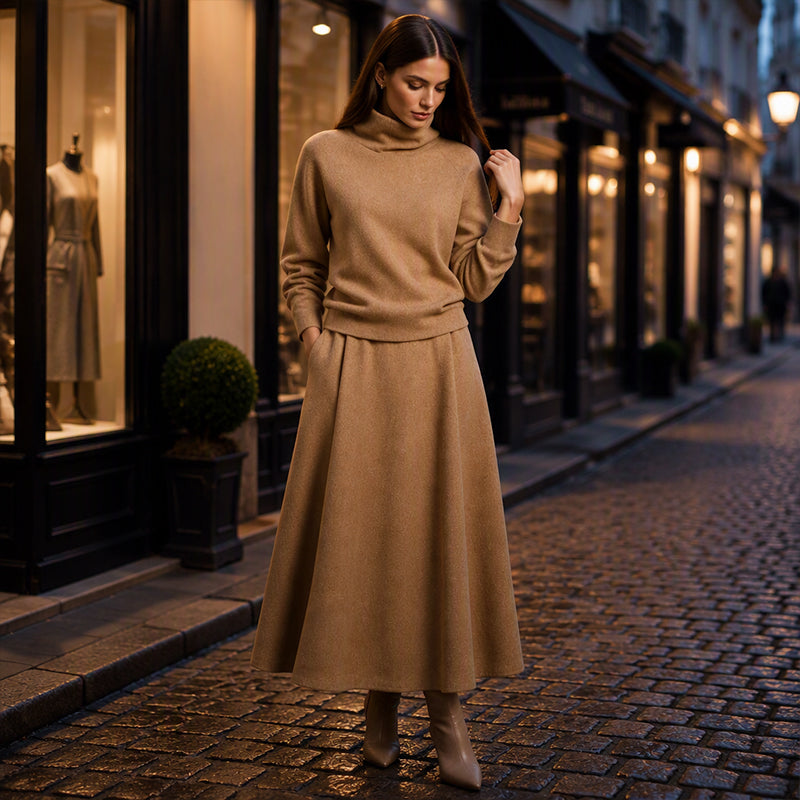 Ensemble haut à col roulé et jupe longue pour femme