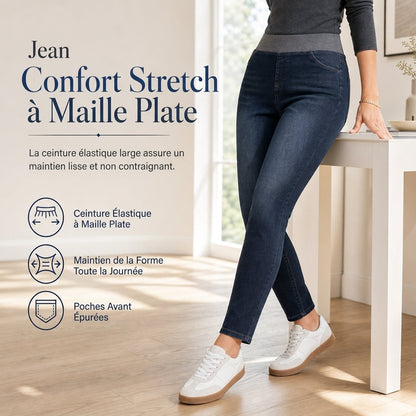 Jean en denim délavé foncé pour femme, coupe slim, taille haute, enfilage facile avec large ceinture élastique