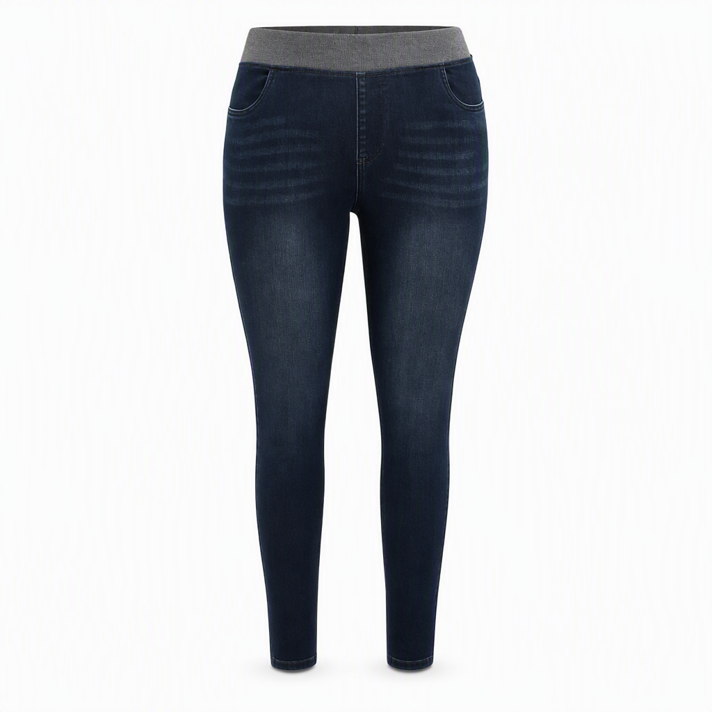 Jean en denim délavé foncé pour femme, coupe slim, taille haute, enfilage facile avec large ceinture élastique