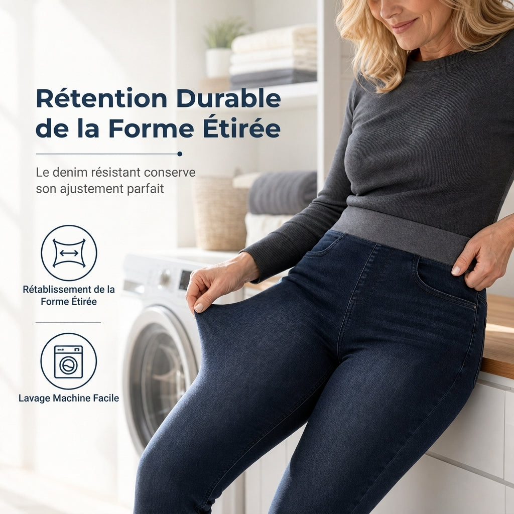 Jean en denim délavé foncé pour femme, coupe slim, taille haute, enfilage facile avec large ceinture élastique