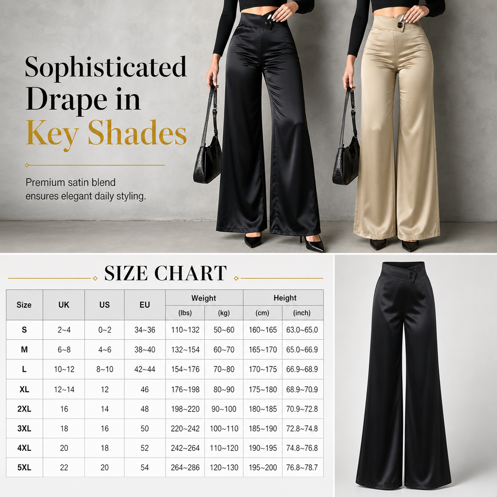 Elegant Satin High Waisted Wide Leg Pants with Asymmetrical Waist