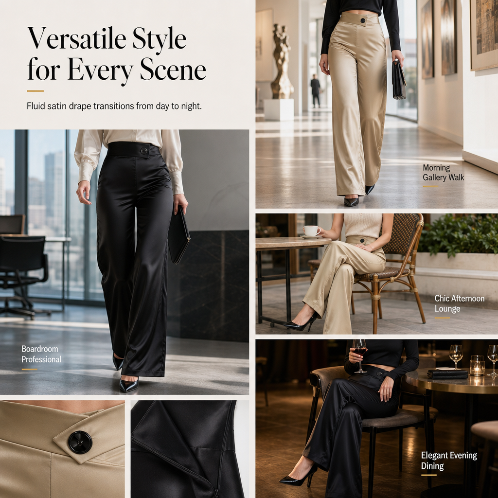 Elegant Satin High Waisted Wide Leg Pants with Asymmetrical Waist