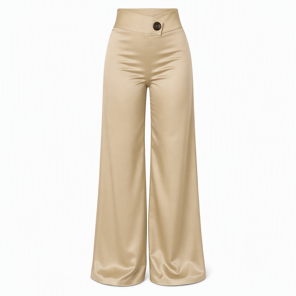 Elegant Satin High Waisted Wide Leg Pants with Asymmetrical Waist