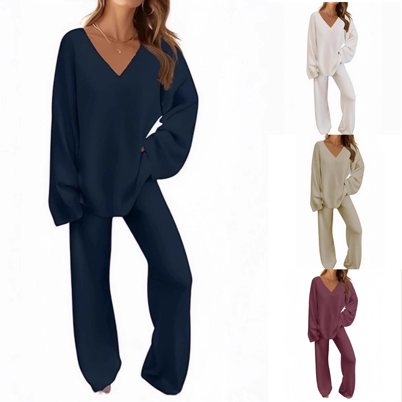 Ensemble pull à col en V et pantalon à manches longues pour femme