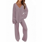 Ensemble pull à col en V et pantalon à manches longues pour femme