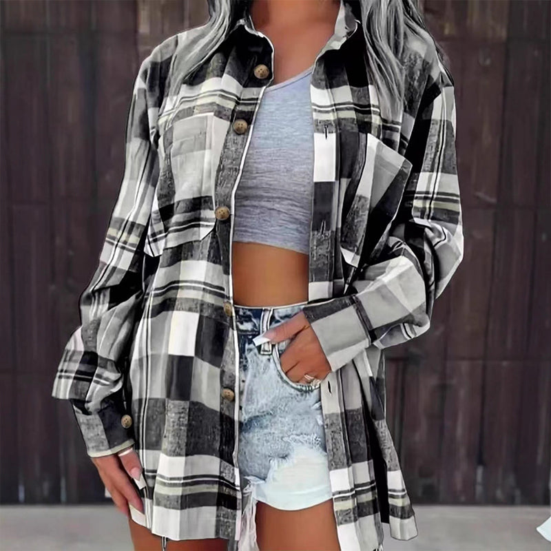 Veste-chemise mi-longue à carreaux pour femme
