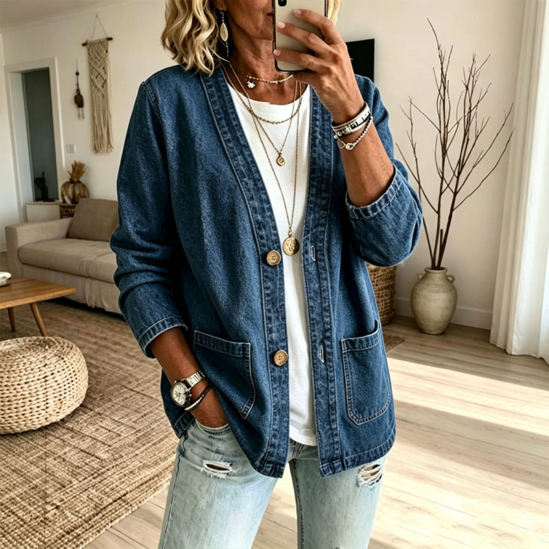Cardigan en jean décontracté à col V pour femme