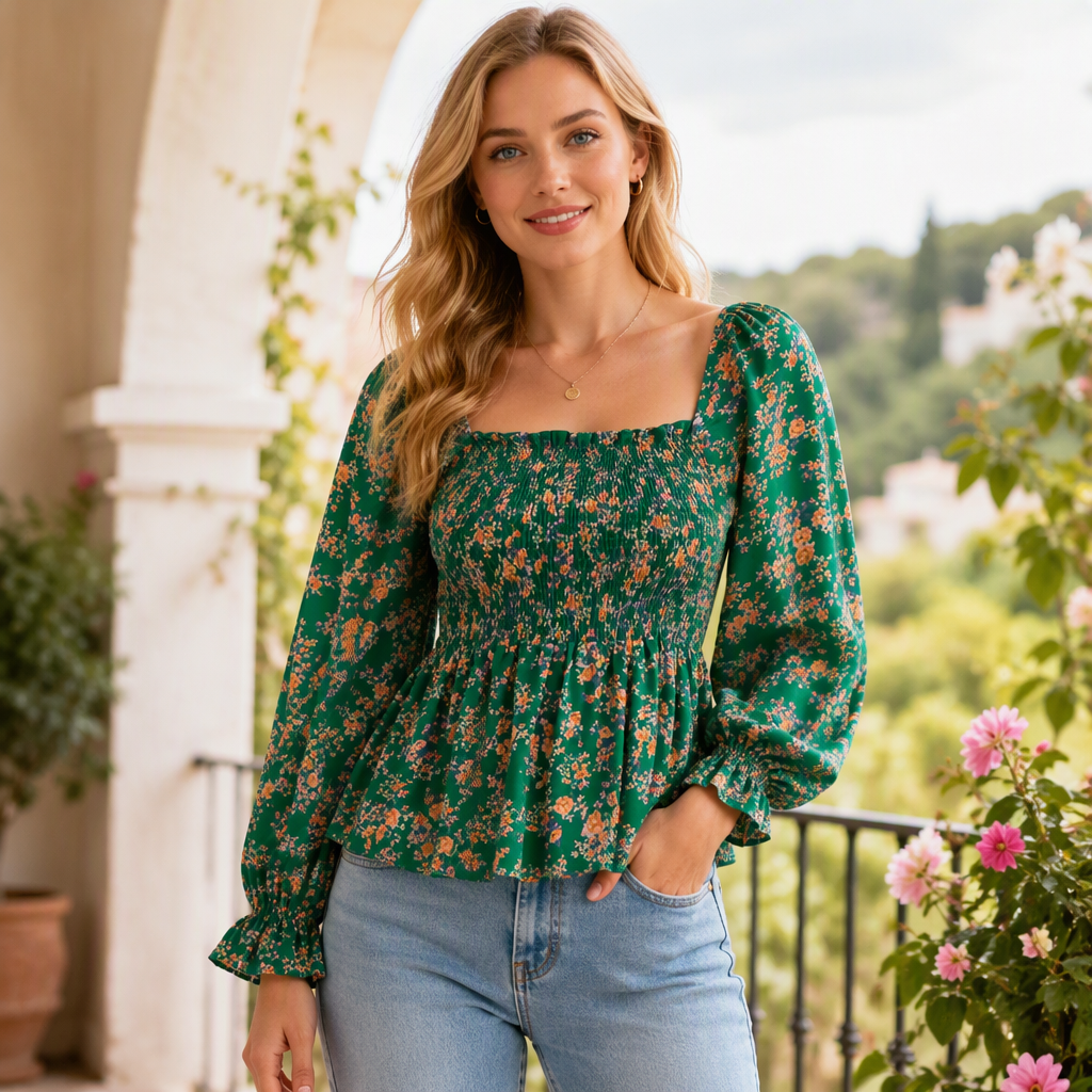 Blouse d'été décontractée pour femme, col carré, manches évasées, imprimé floral en mousseline, haut de vacances