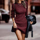 Robe moulante pour femme en maille côtelée à col rond